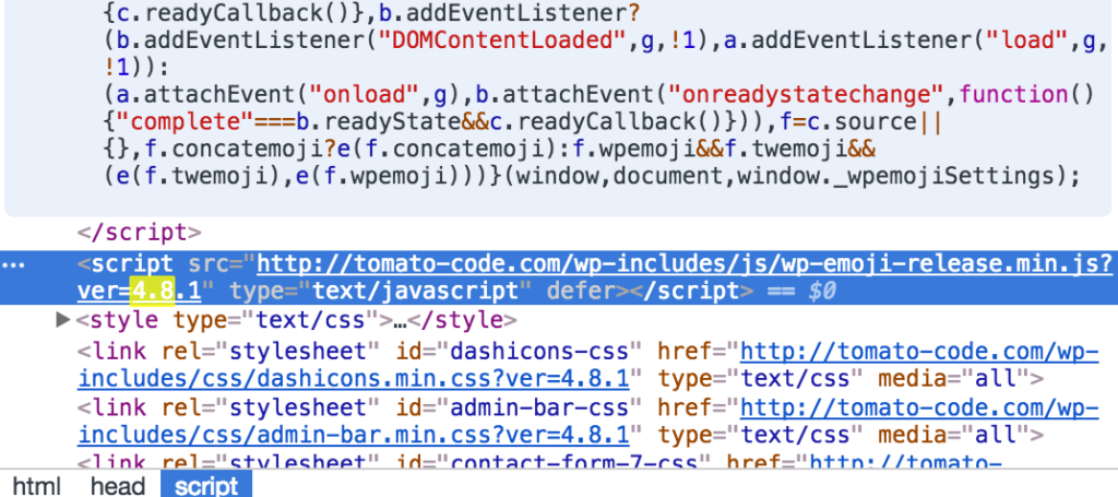 CSS,JavaScriptに表示されたWordPressバージョン