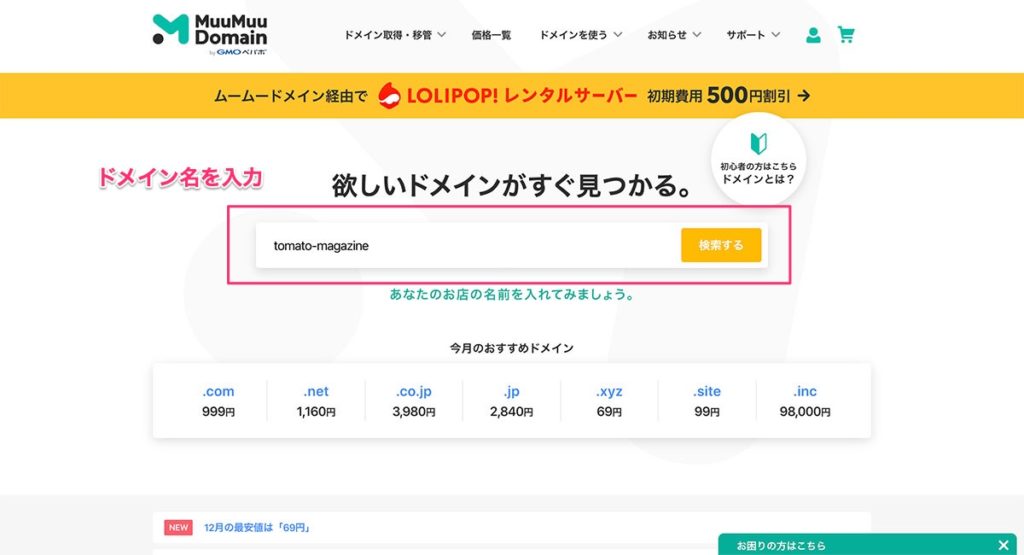 ムームードメインのドメイン検索画面