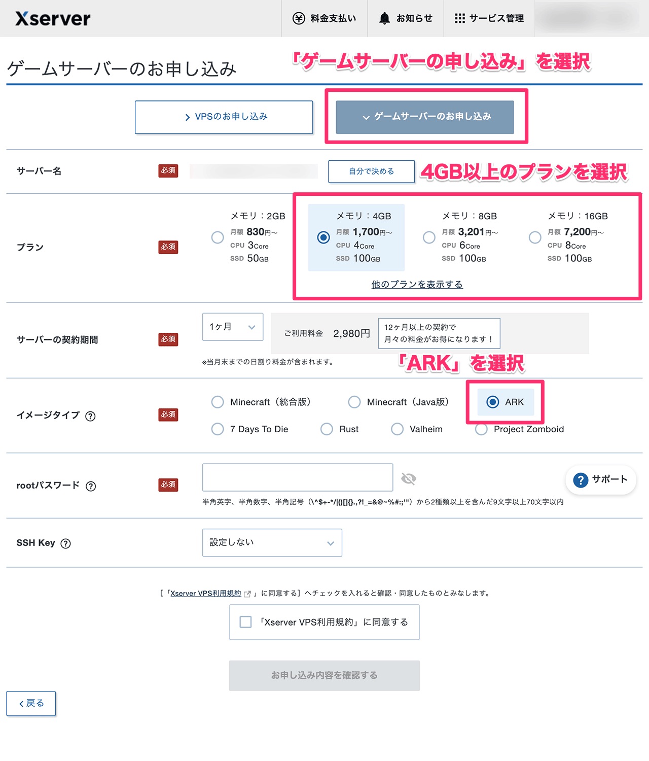 ゲームサーバーのお申し込み画面