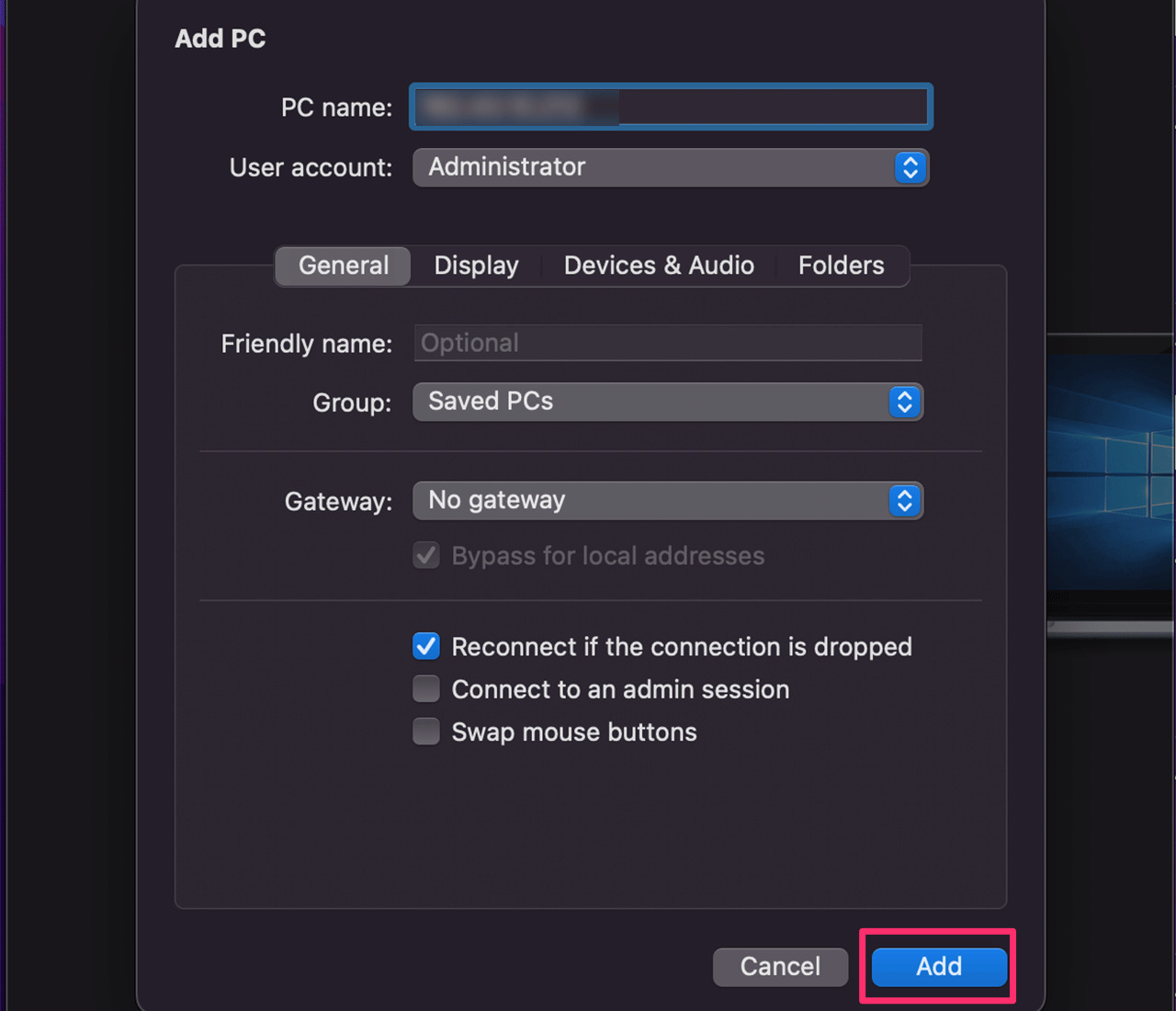 PC追加のAddボタン