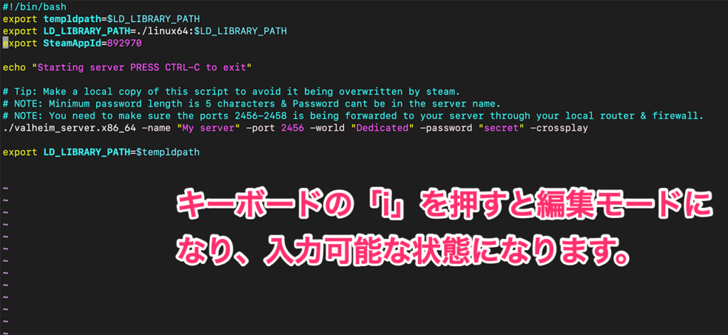 起動スクリプトを編集モードで表示