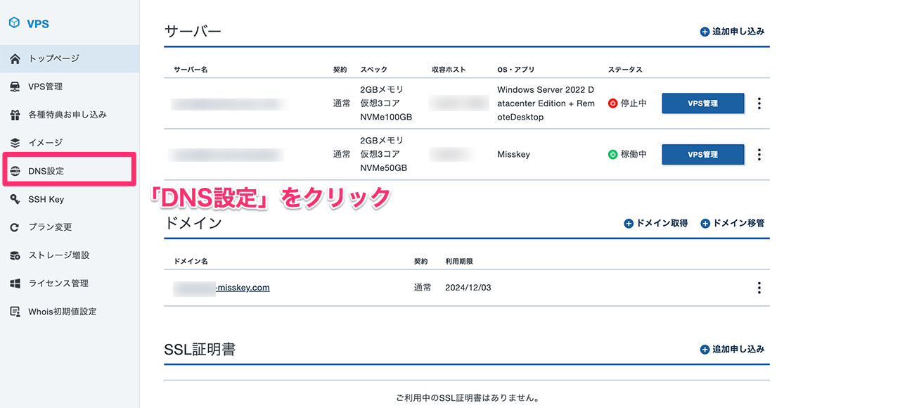 Xserver VPSのDNS設定ボタン