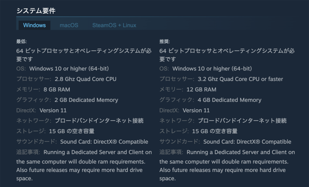 Steamに記載された7Days to Dieの推奨スペック