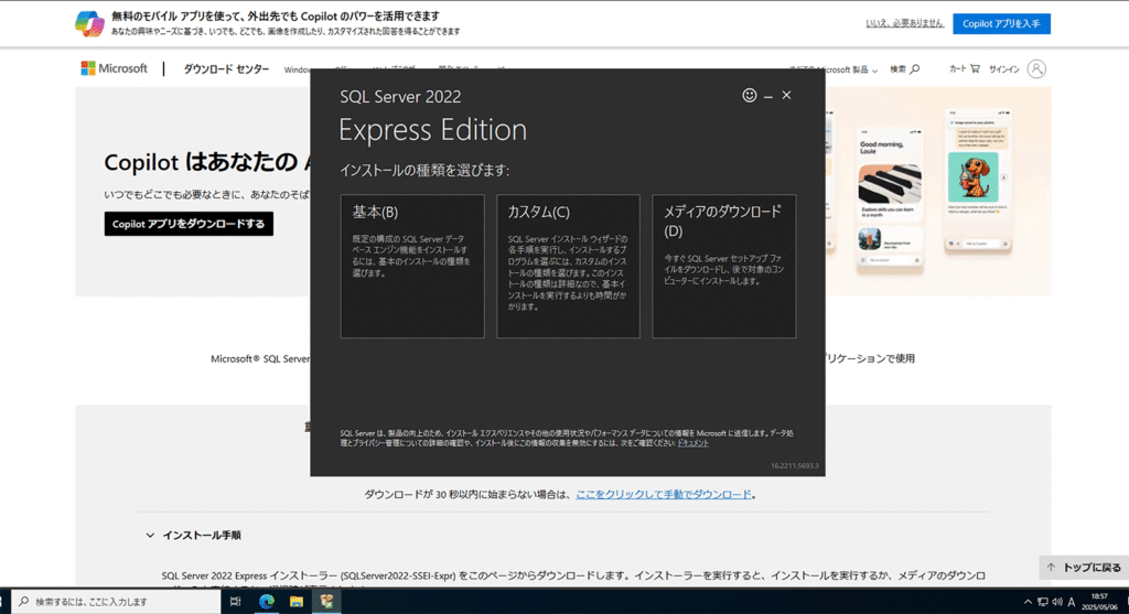 インストールの種類の選択画面