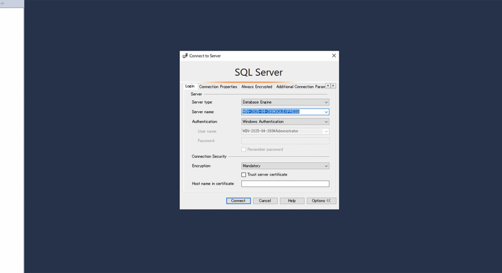 SQLサーバーへの接続画面