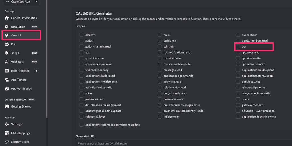 OAuth2 URL Generatorの設定画面